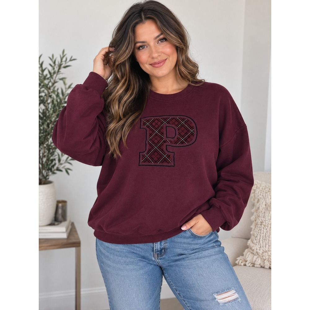 Victoria's Secret PINK Plaid P Logo Sweatshirt Women's Large Burgundy Crewneck